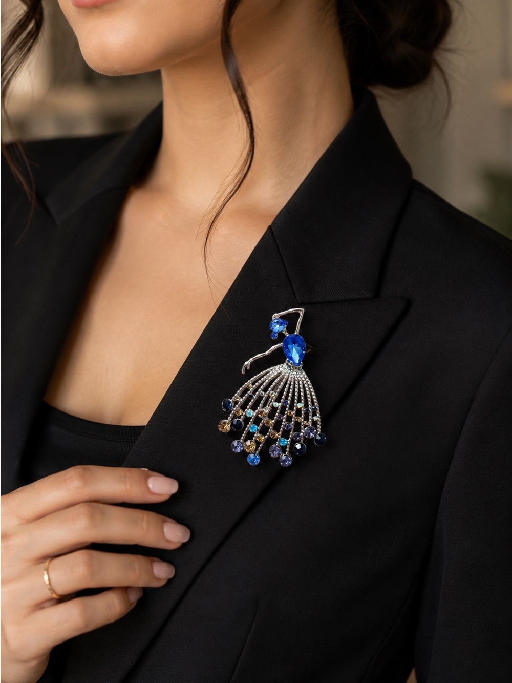 Blue Crystal Fan-Drop Brooch